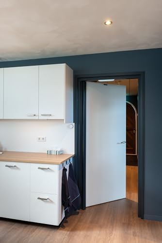 an image showing a white kitchen unit next to a white open door