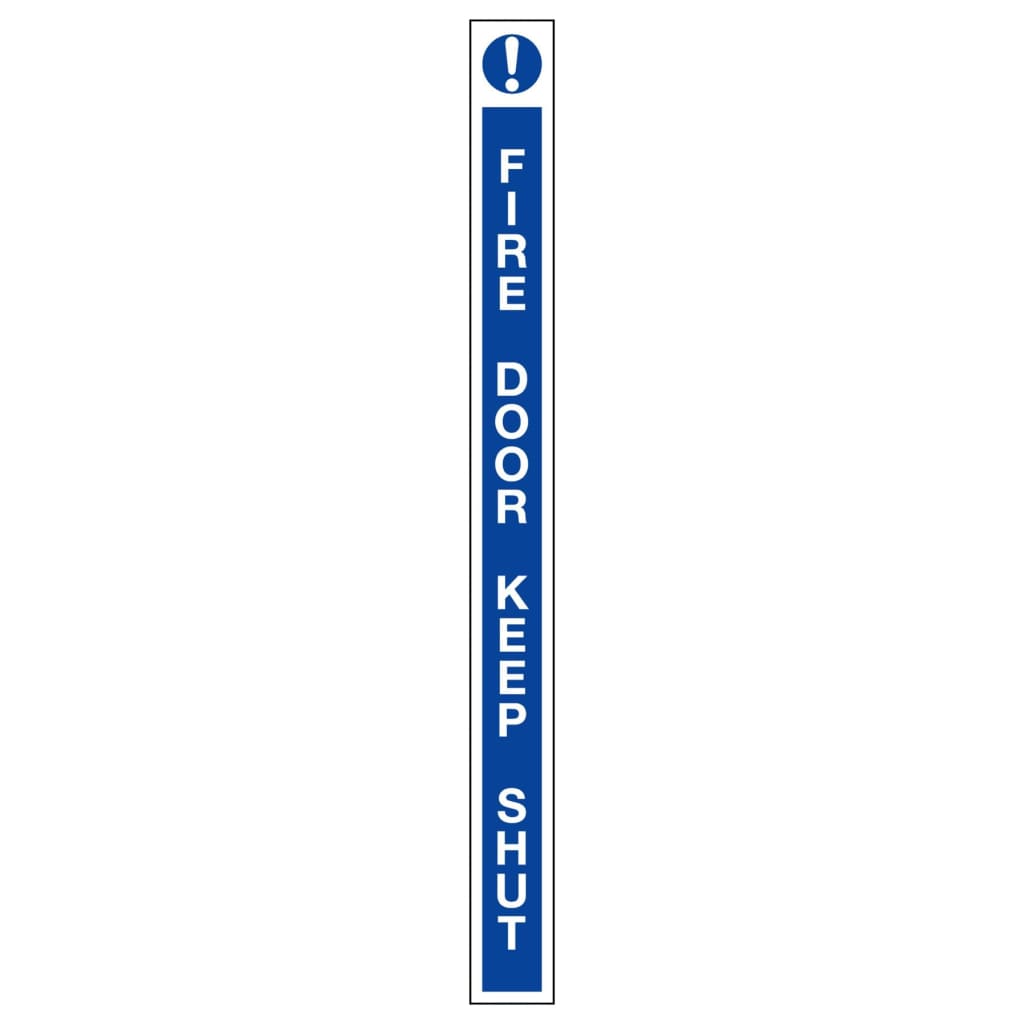 Fire Door Keep Shut & ! Leading Edge Sign Blue And White 13X150Mm Self-Adhesive Vinyl