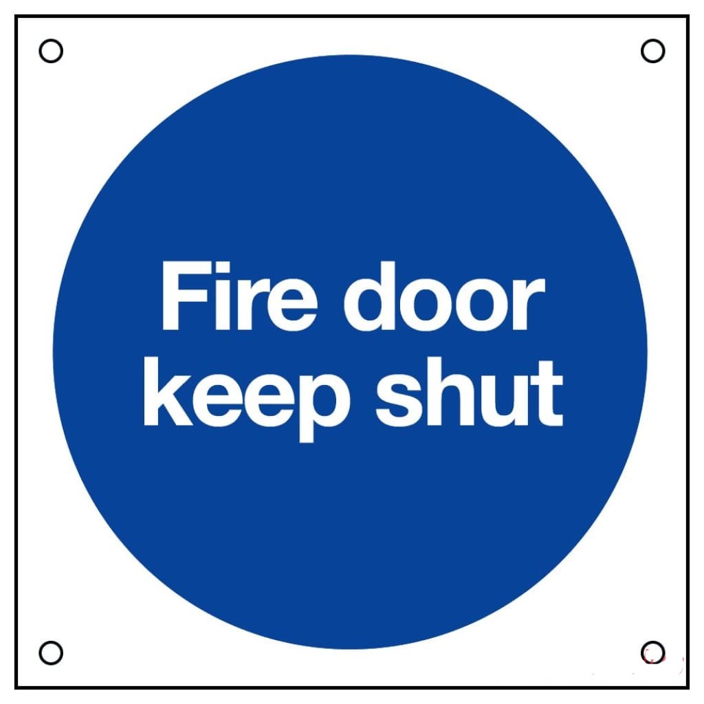 Fire Door Keep Shut Sign 80X80Mm Blue & White Rigid Plastic Drilled