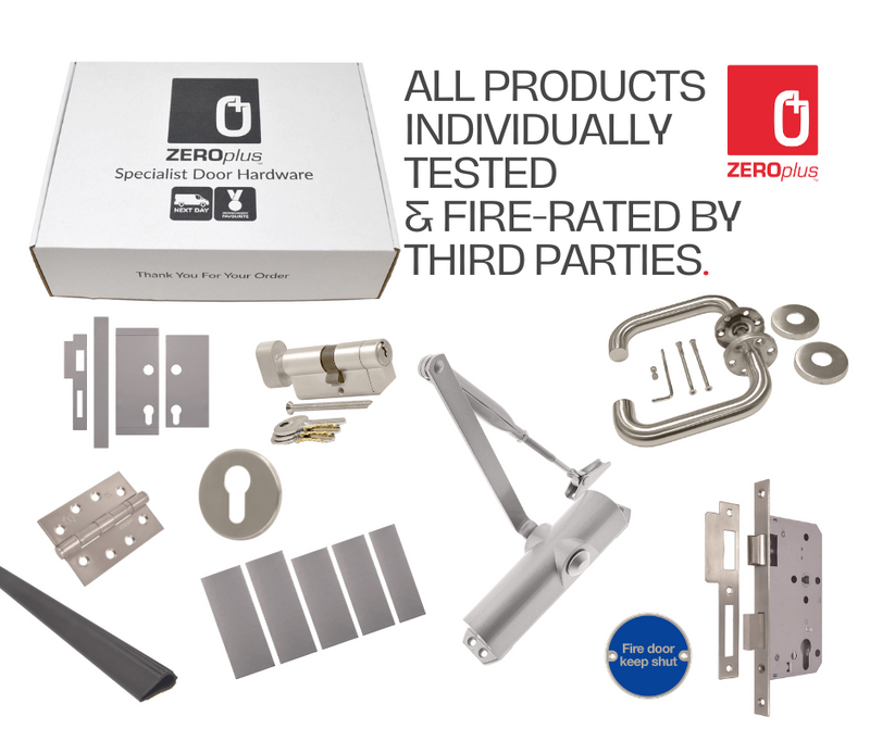 an image showing the office fire door kit components with a lever handle