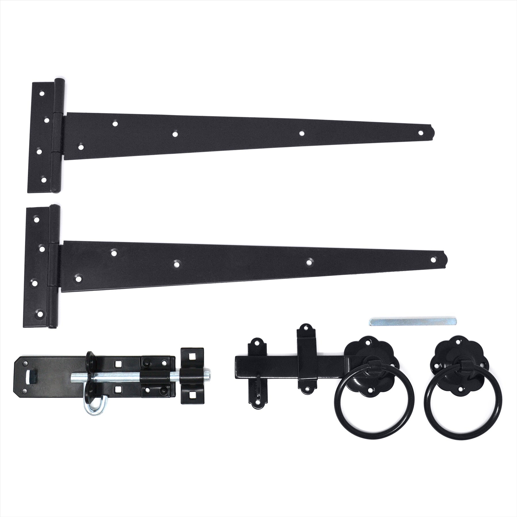 Black Gate Latch Kit Bundle Pack, 2 x Tee Hinges, Brenton Padlock, Plain Ring Handle Gate Latch with Fixings