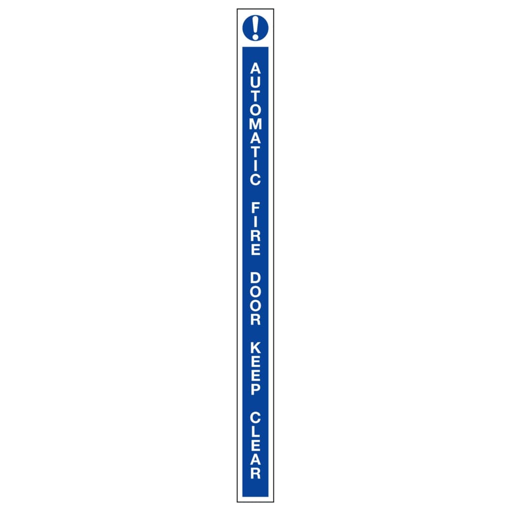 Automatic Fire Door Keep Clear & ! Leading Edge Sign Blue And White 13X175Mm Self-Adhesive Vinyl