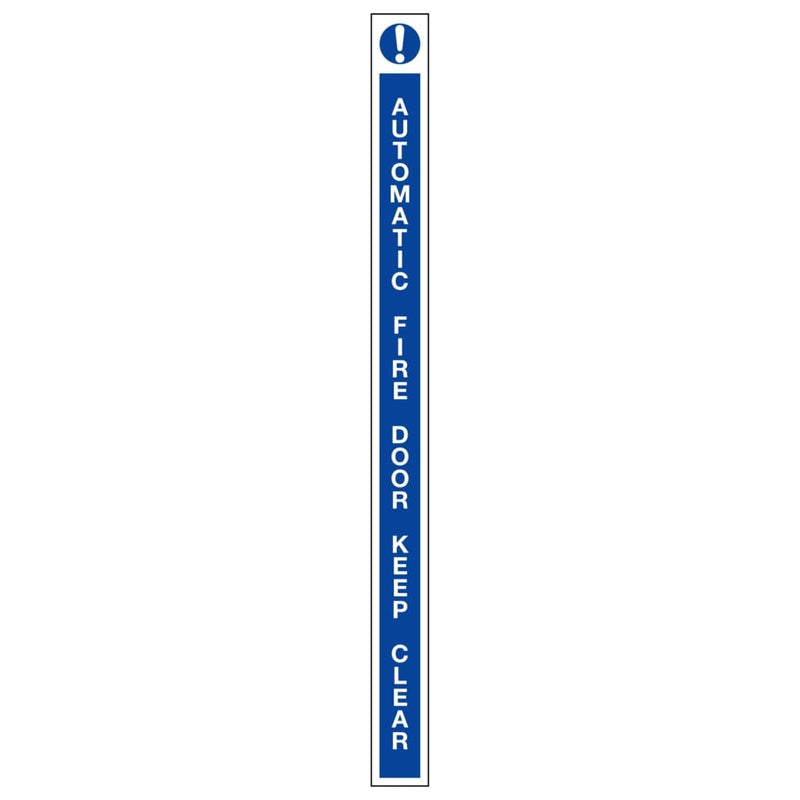 Automatic Fire Door Keep Clear & ! Leading Edge Sign Blue And White 13X175Mm Self-Adhesive Vinyl
