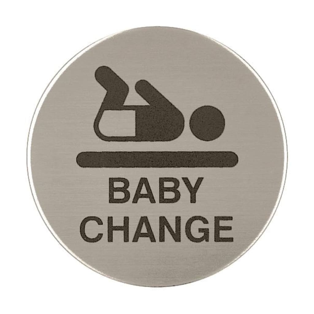 Baby Change Symbol Toilet Sign 76Mm Diameter Satin Stainless Steel Disc Printed Infill Black