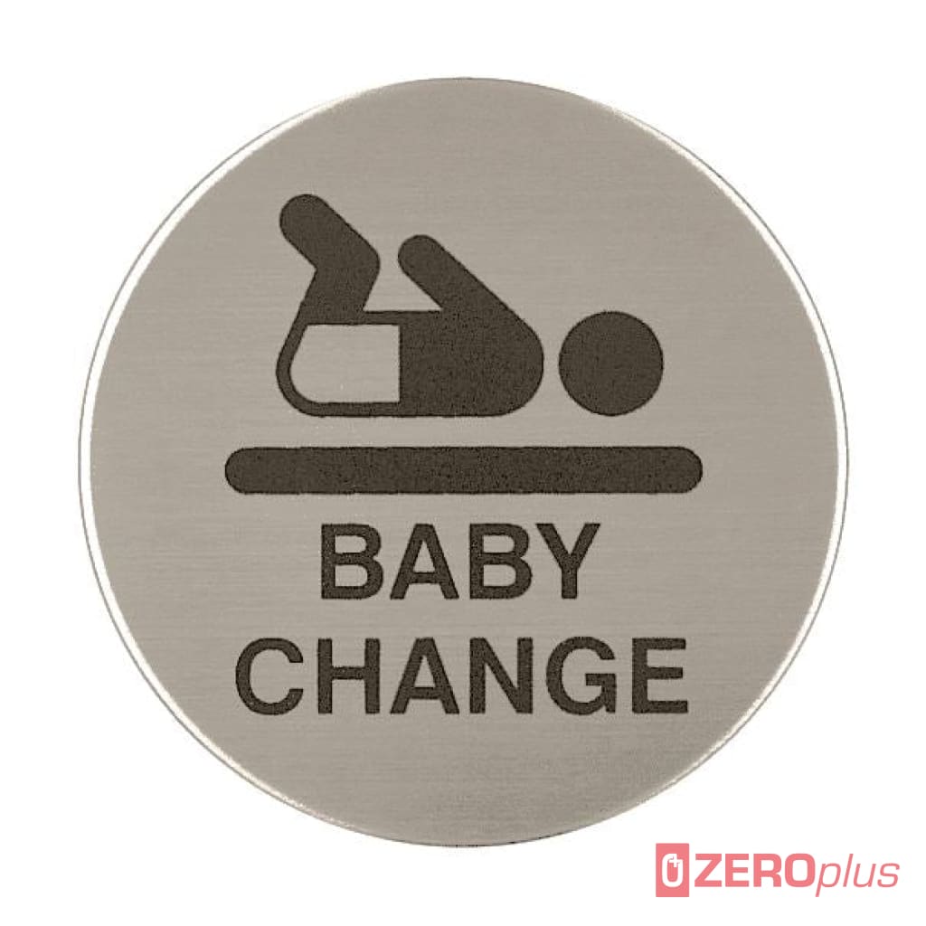 Baby Change Symbol Toilet Sign 76Mm Diameter Satin Stainless Steel Disc Printed Infill Black