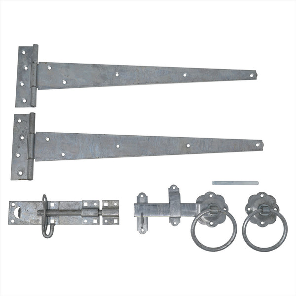 Galvanised Gate Latch Kit Bundle Pack, 2 x Tee Hinges, Brenton Padlock, Plain Ring Handle Gate Latch with Fixings