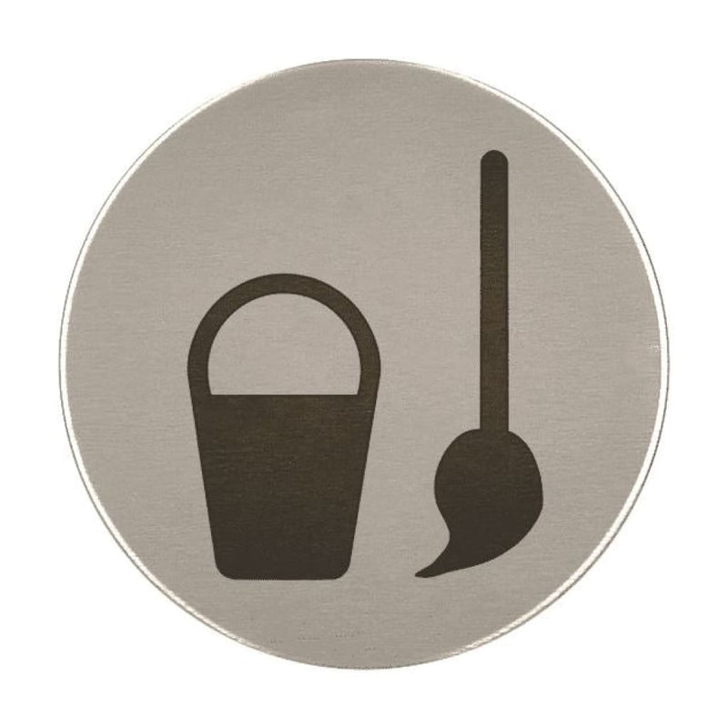 Cleaners Symbol Toilet Sign 76Mm Diameter Satin Stainless Steel Disc Printed Infill Black
