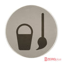 Cleaners Symbol Toilet Sign 76Mm Diameter Satin Stainless Steel Disc Printed Infill Black