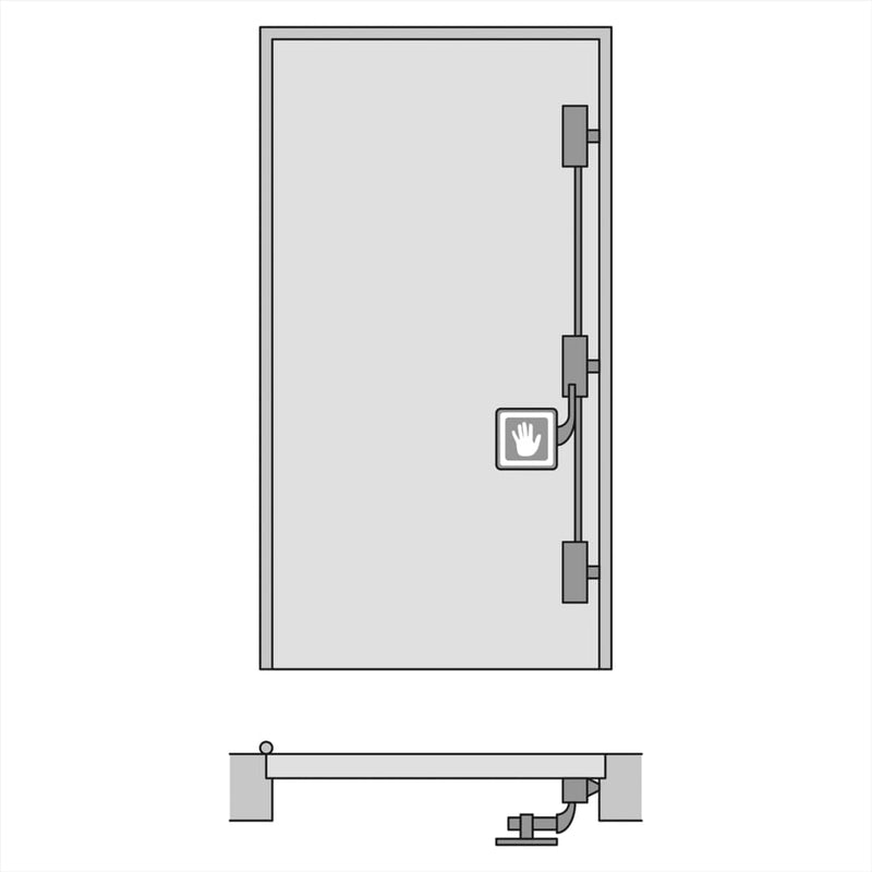 a drawing of a door featuring a surface mounted emergency exit device operated by a push-pad