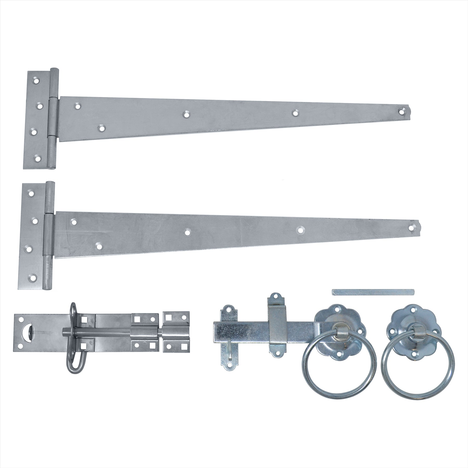 Zinc Plated Gate Latch Kit Bundle Pack, 2 x Tee Hinges, Brenton Padlock, Plain Ring Handle Gate Latch with Fixings