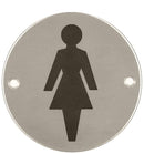 Female Symbol Toilet Sign 76Mm Diameter Satin Stainless Steel Disc Printed Infill Black Drilled &