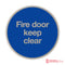 Fire Door Keep Clear Sign 76Mm Diameter Satin Stainless Steel Disc Blue & Natural Self-Adhesive