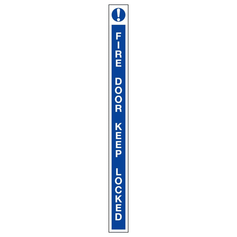Fire Door Keep Locked & ! Leading Edge Sign Blue And White 13X150Mm Self-Adhesive Vinyl