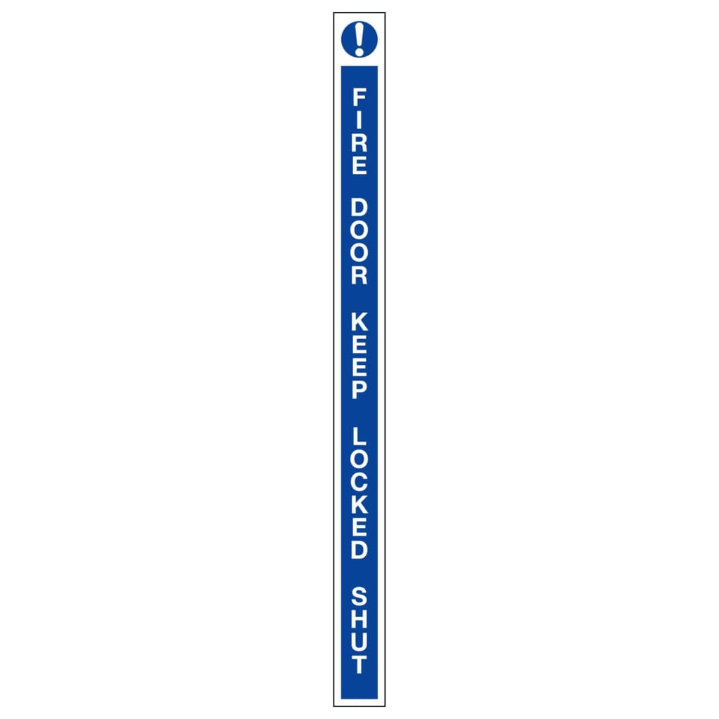 Fire Door Keep Locked Shut & ! Leading Edge Sign Blue And White 13X175Mm Self-Adhesive Vinyl