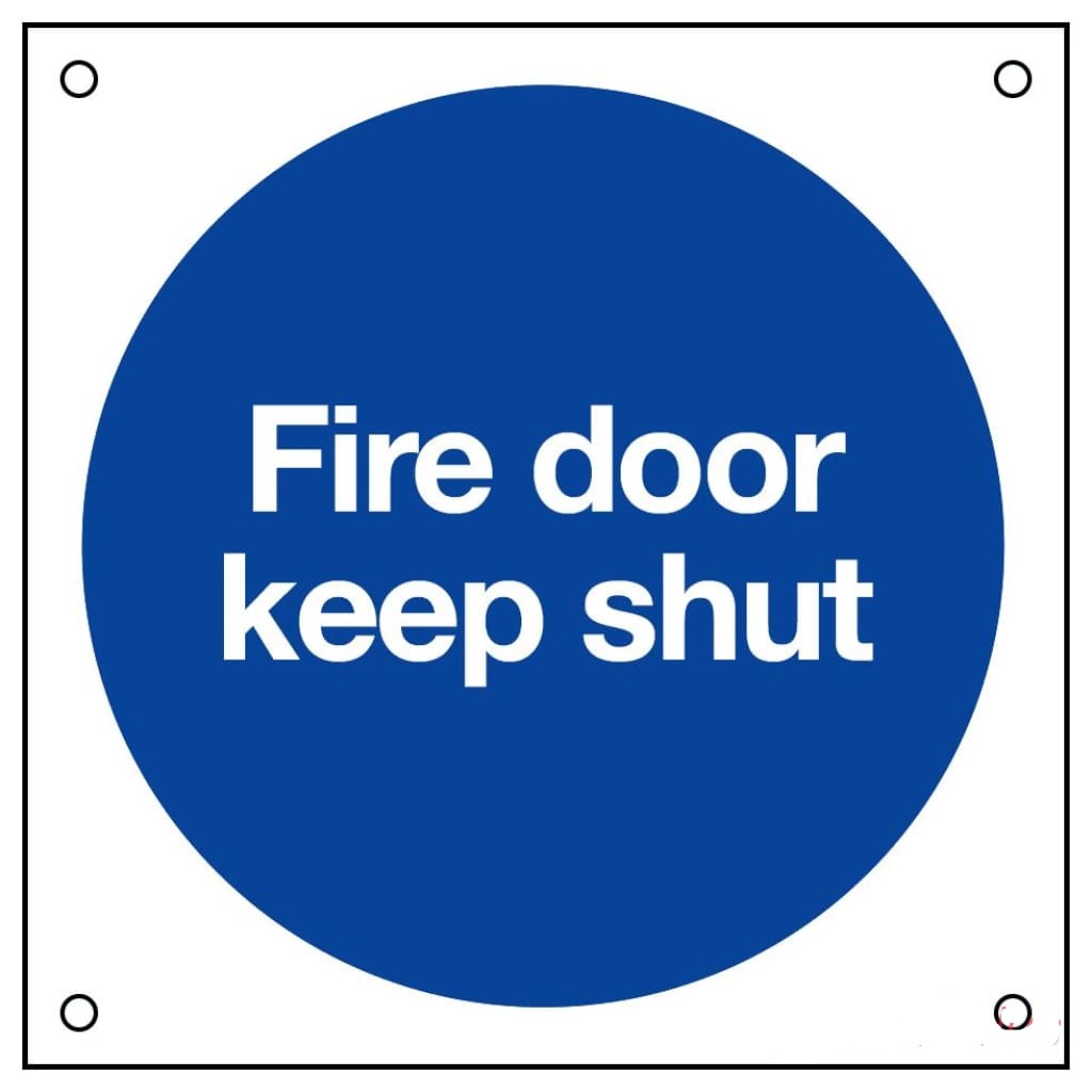 Fire Door Keep Shut Sign 80X80Mm Blue & White Rigid Plastic Drilled