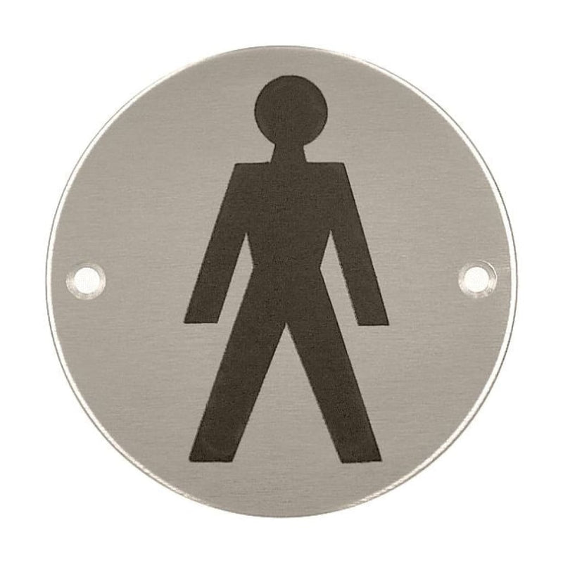 Male Symbol Toilet Sign 76Mm Diameter Satin Stainless Steel Disc Printed Infill Black Drilled &