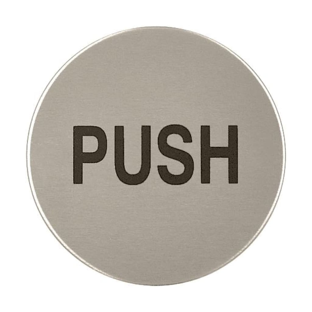 Push Toilet Sign 76Mm Diameter Satin Stainless Steel Disc Printed Infill Black