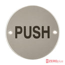 Push Toilet Sign 76Mm Diameter Satin Stainless Steel Disc Printed Infill Black Drilled & Countersunk