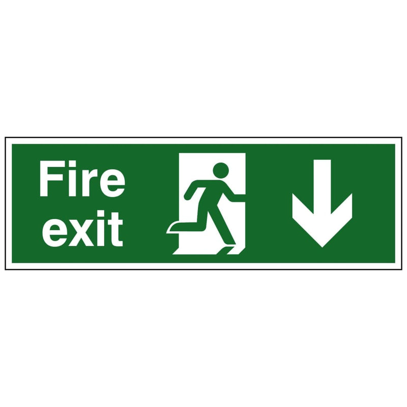 Running Man Down Arrow Fire Exit Sign 450X150Mm Rigid Plastic Drilled