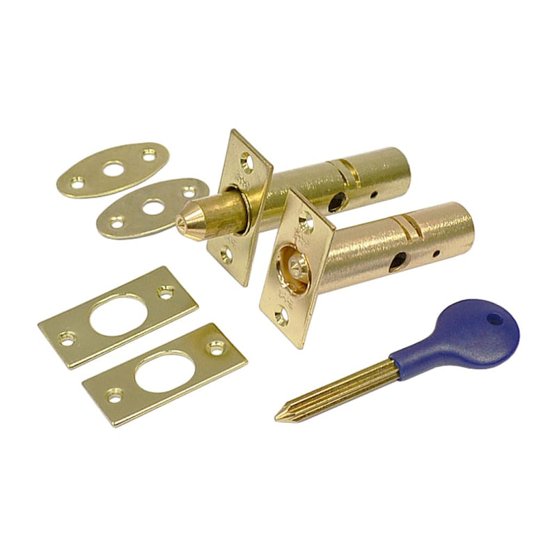 Set Of 2 Splined Security Door Bolts (Rack Bolts) Brass Plated/Satin Chrome