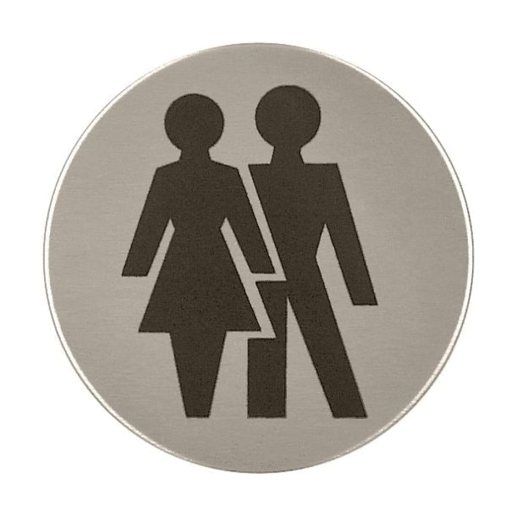 Unisex Symbol Toilet Sign 76Mm Diameter Satin Stainless Steel Disc Printed Infill Black