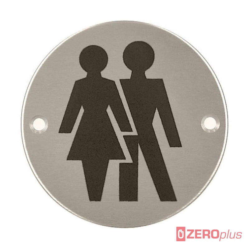 Unisex Symbol Toilet Sign 76Mm Diameter Satin Stainless Steel Disc Printed Infill Black Drilled &