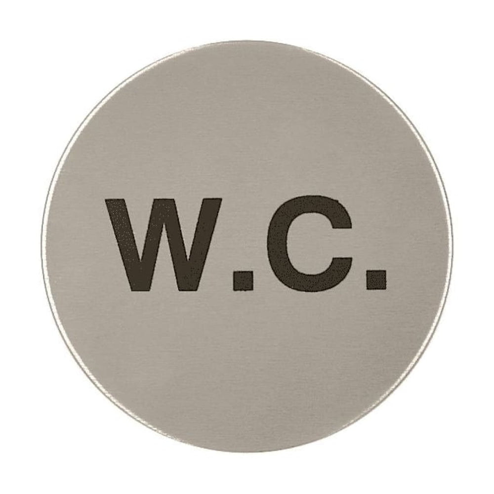 W.C. Toilet Sign, 76mm Diameter Satin Stainless Steel Disc, Printed In
