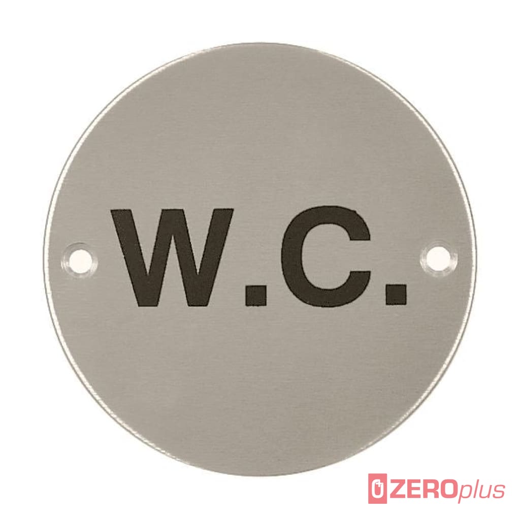 W.c. Toilet Sign 76Mm Diameter Satin Stainless Steel Disc Printed Infill Black Drilled & Countersunk